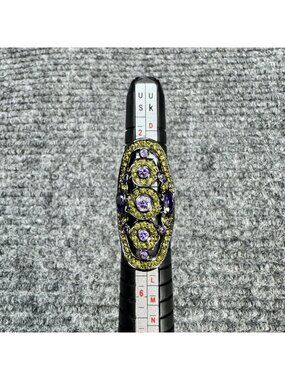 Vintage Large Rhinestone Statement Ring Size 4 Blackened Purple Green Elongated